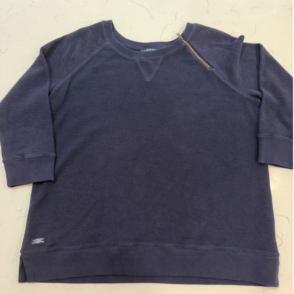 Lauren Ralph Lauren Navy Blue Shoulder Zip Cotton Sweatshirt Womens 1X Raglan